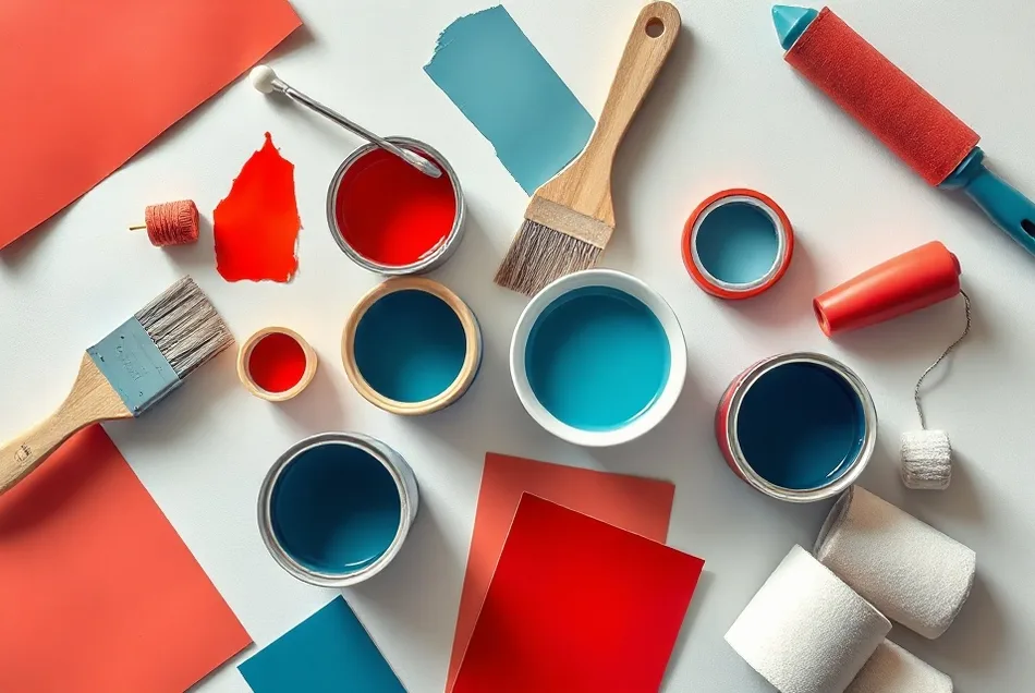 Pots de peinture, nuancier, brosses et rouleaux disposés à plat