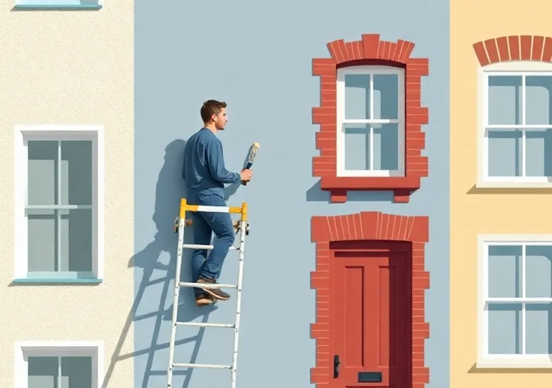 Peintre sur échafaudage traitant la façade d'une maison