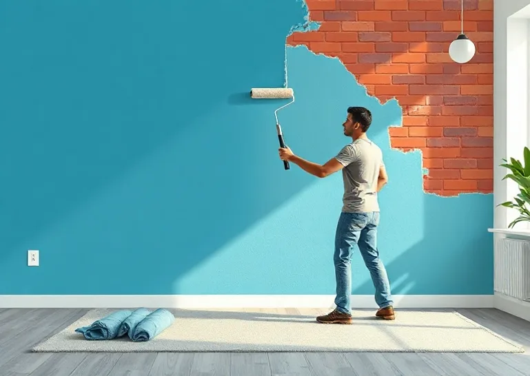 Peintre appliquant la peinture au rouleau sur un mur de salon